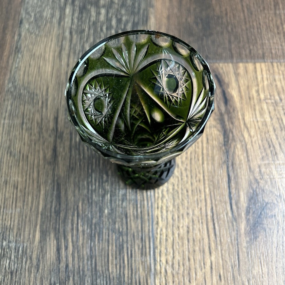 Vintage 5" Emerald Green Cut-to-Clear Lead Crystal Bud Vase Bohemian Style - Picture 2 of 10